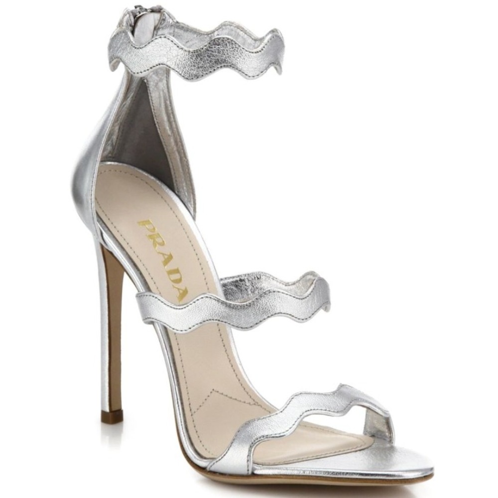 Prada Silver Scalloped Leather‎ Sandals – Size 37.5